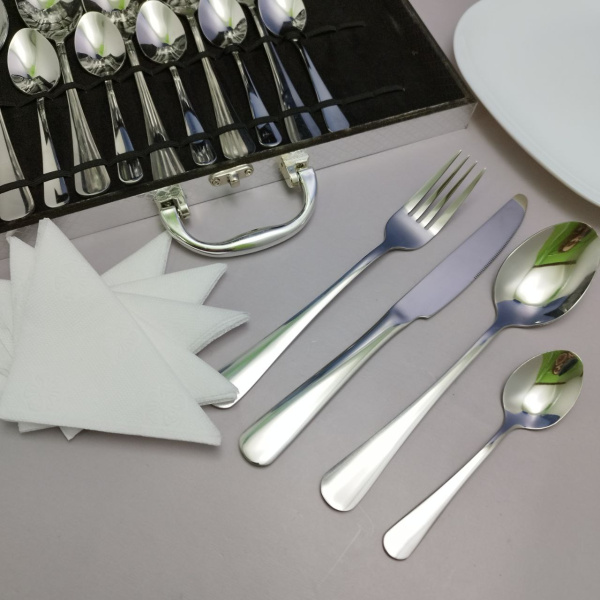 Набор столовых предметов «Изысканный вкус» из нержавеющей стали на 6 персон в подарочном кейсе (24 предмета) / Серебро